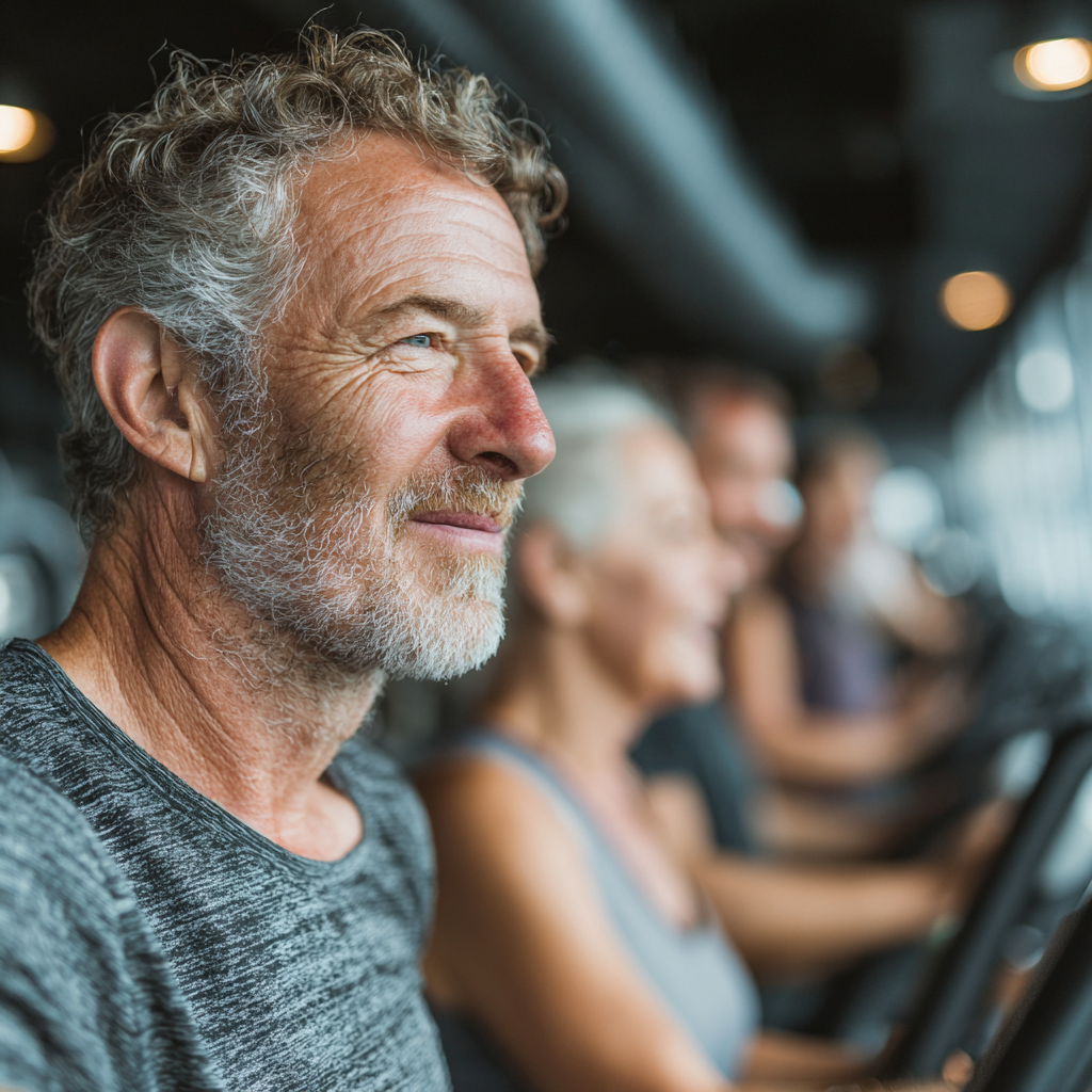 Middle-aged adults using modern fitness equipment in a well-lit gym environment